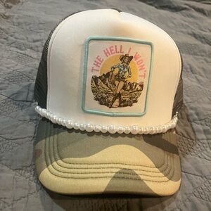 Camo Trucker Hat - “The Hell I Won't”Patch & Pearl Chain